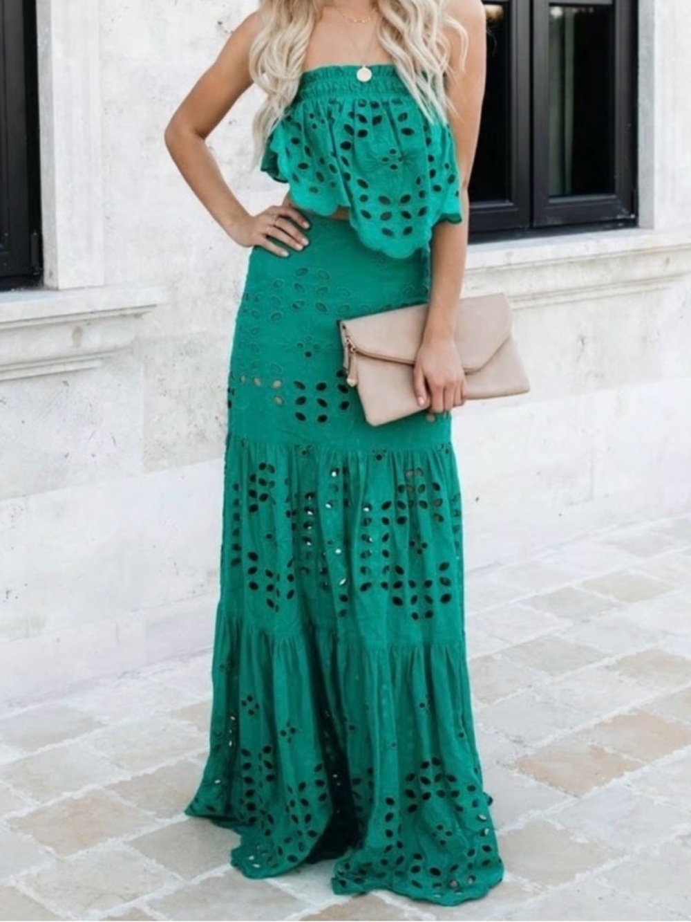 Luxxel Eyelet Maxi Skirt Medium High Waist Mermaid Green Fit Flare